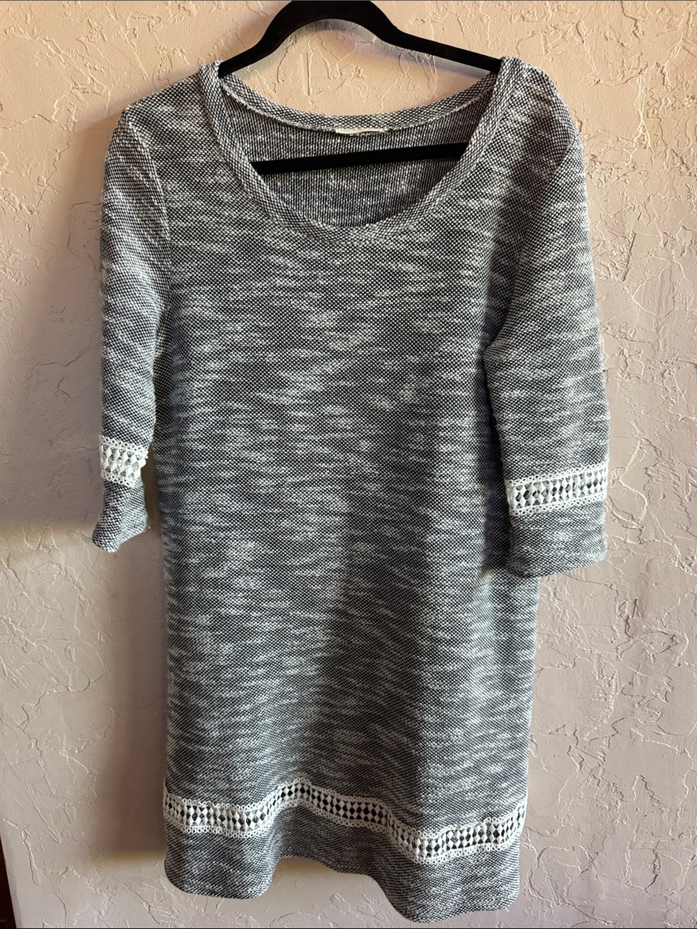 Lime & Chili Gray Marled Sweater Dress Crochet Trim Eyelet Lagenlook M